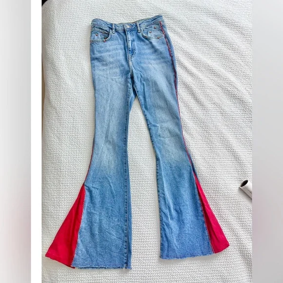 F21 custom red rhinestone‎ flared wide leg jeans - Picture 1 of 10